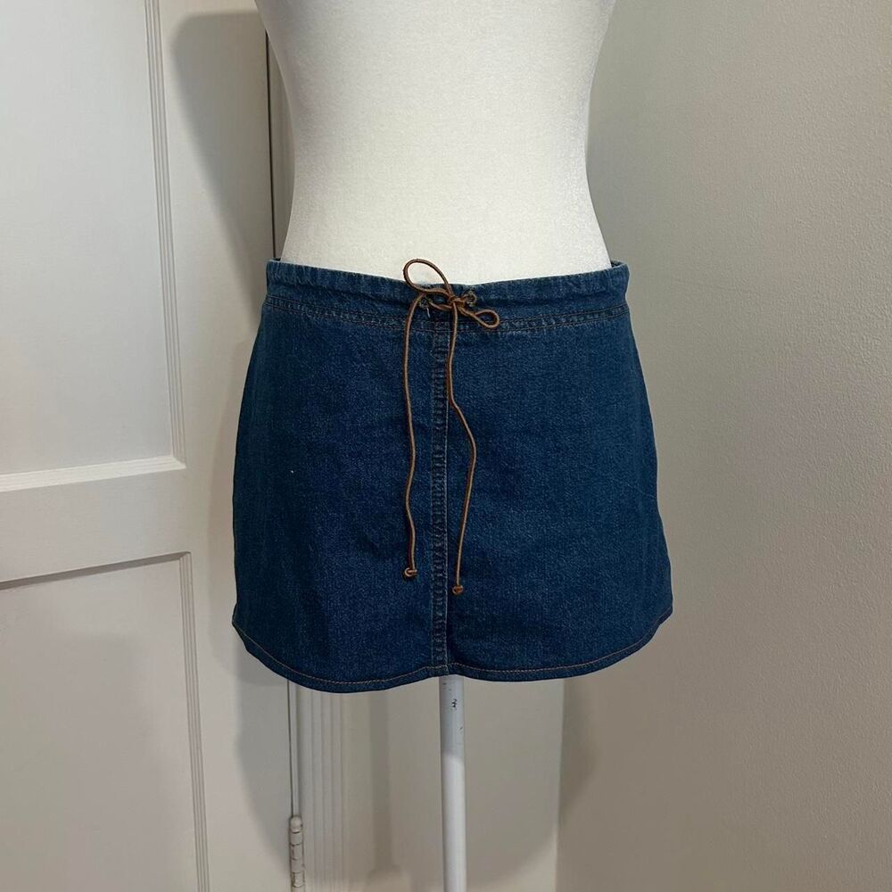 Vintage studio denim mini skirt with leather tie